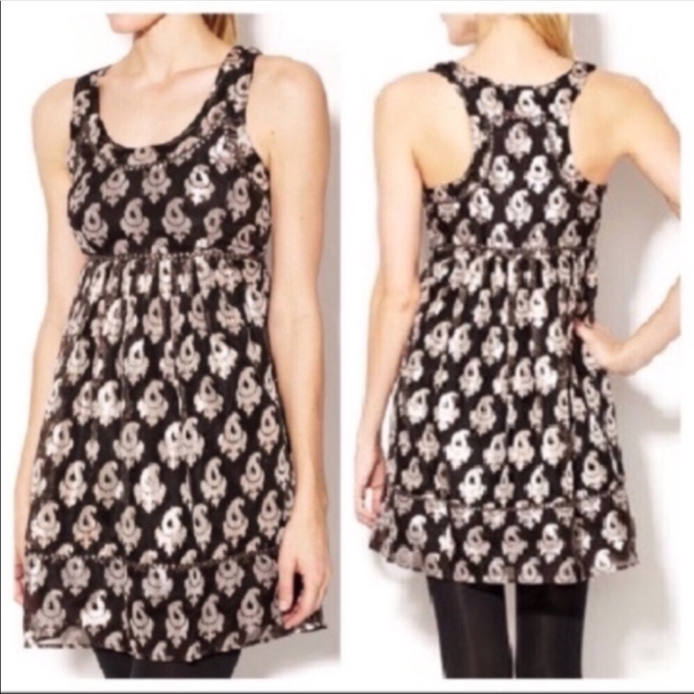 Free People Gold Brocade Cocktail Dress Black Gold Size 2 Racerback Babydoll